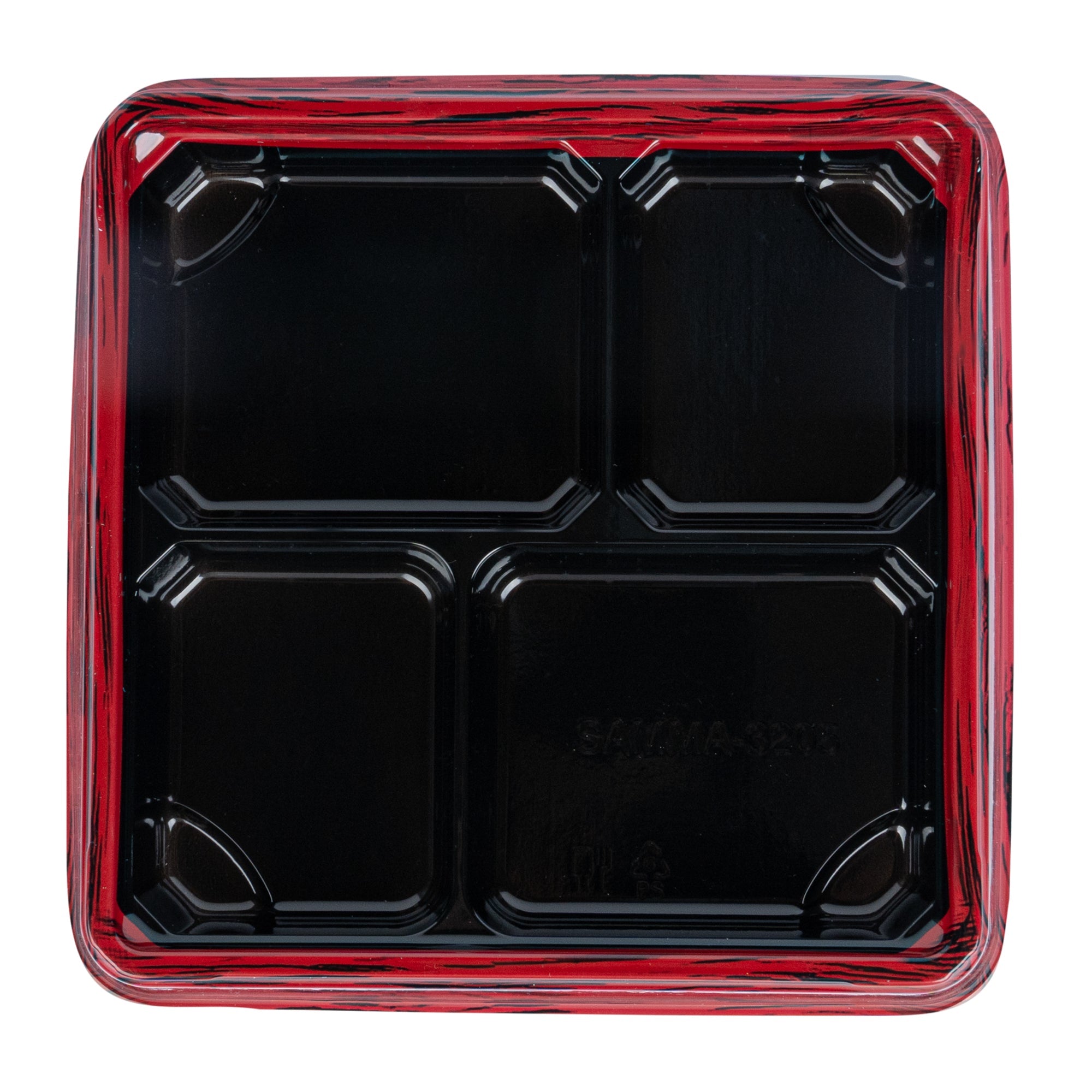 Bento Tek 18 oz Square Red and Black Plastic Bento Box - 4 Compartments - 8 1/2" x 8 1/2" x 1 1/4" - 100 count box