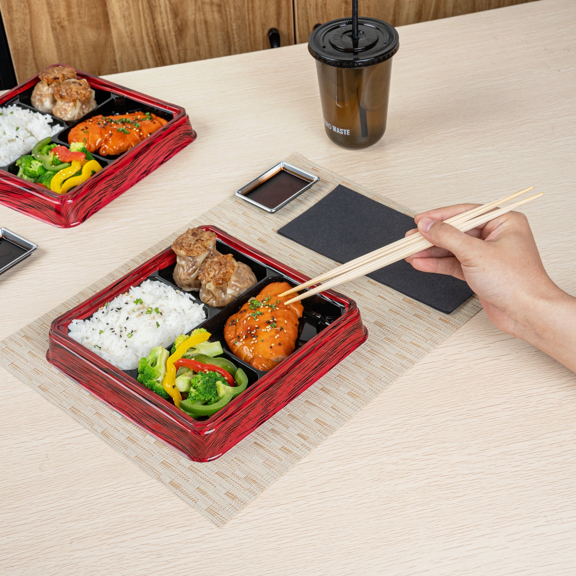 Bento Tek 18 oz Square Red and Black Plastic Bento Box - 4 Compartments - 8 1/2" x 8 1/2" x 1 1/4" - 100 count box