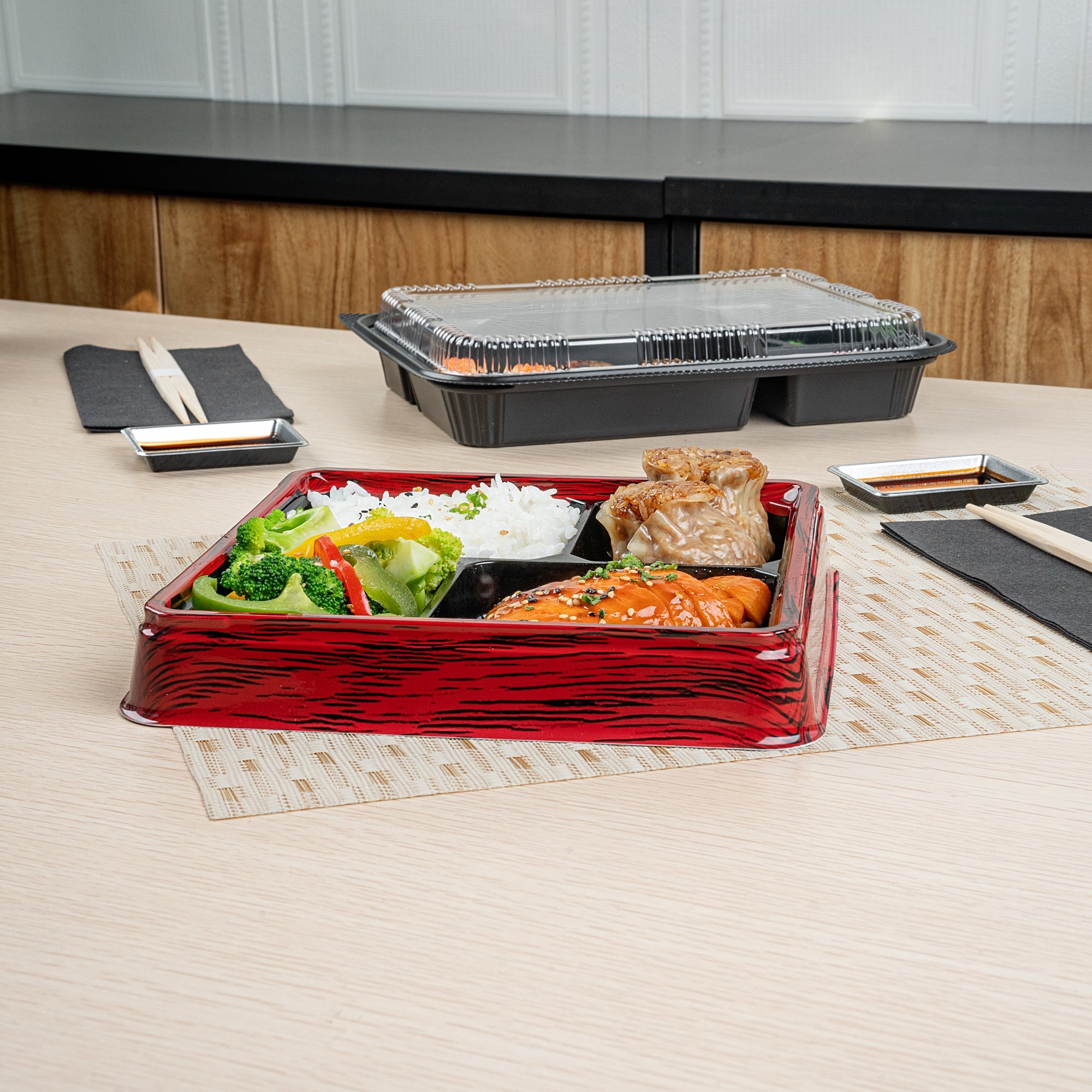 Bento Tek 18 oz Square Red and Black Plastic Bento Box - 4 Compartments - 8 1/2" x 8 1/2" x 1 1/4" - 100 count box