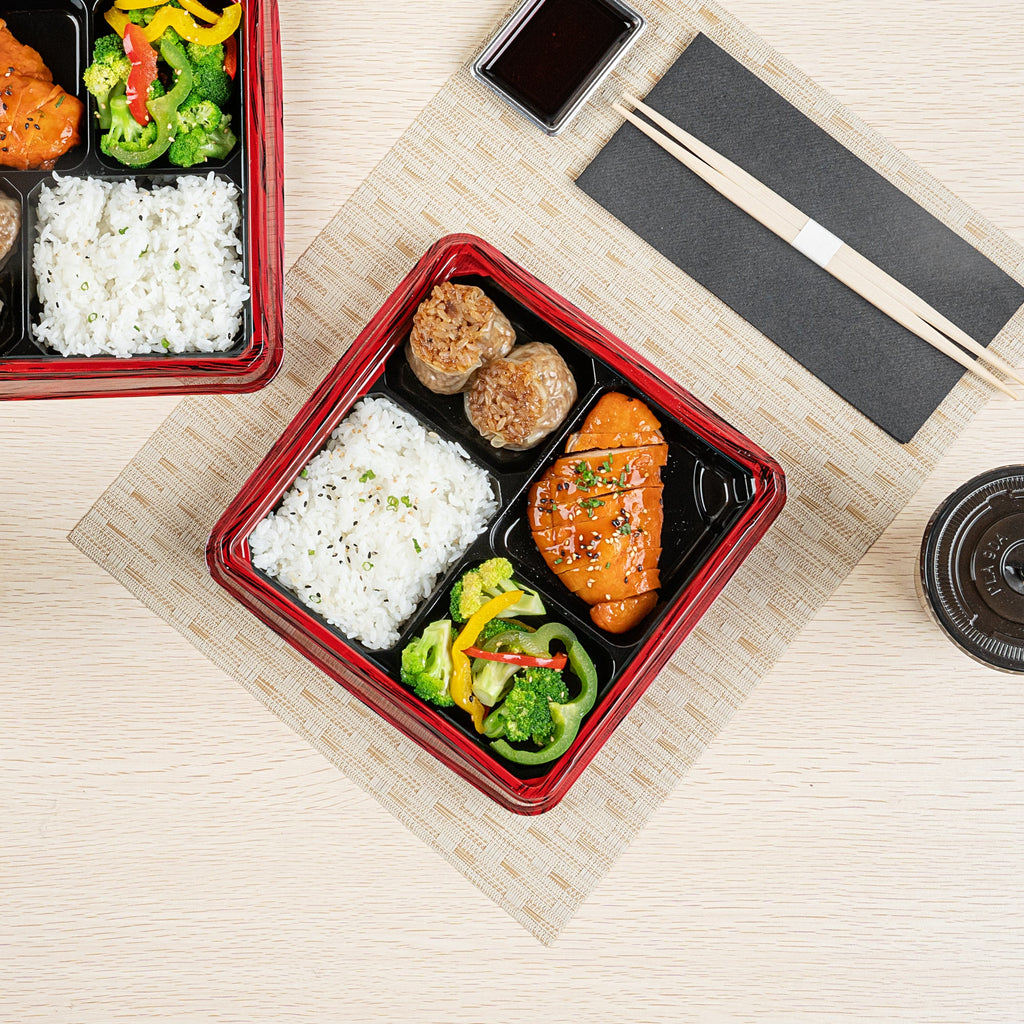 Bento Tek 18 oz Square Red and Black Plastic Bento Box - 4 Compartments - 8 1/2" x 8 1/2" x 1 1/4" - 100 count box