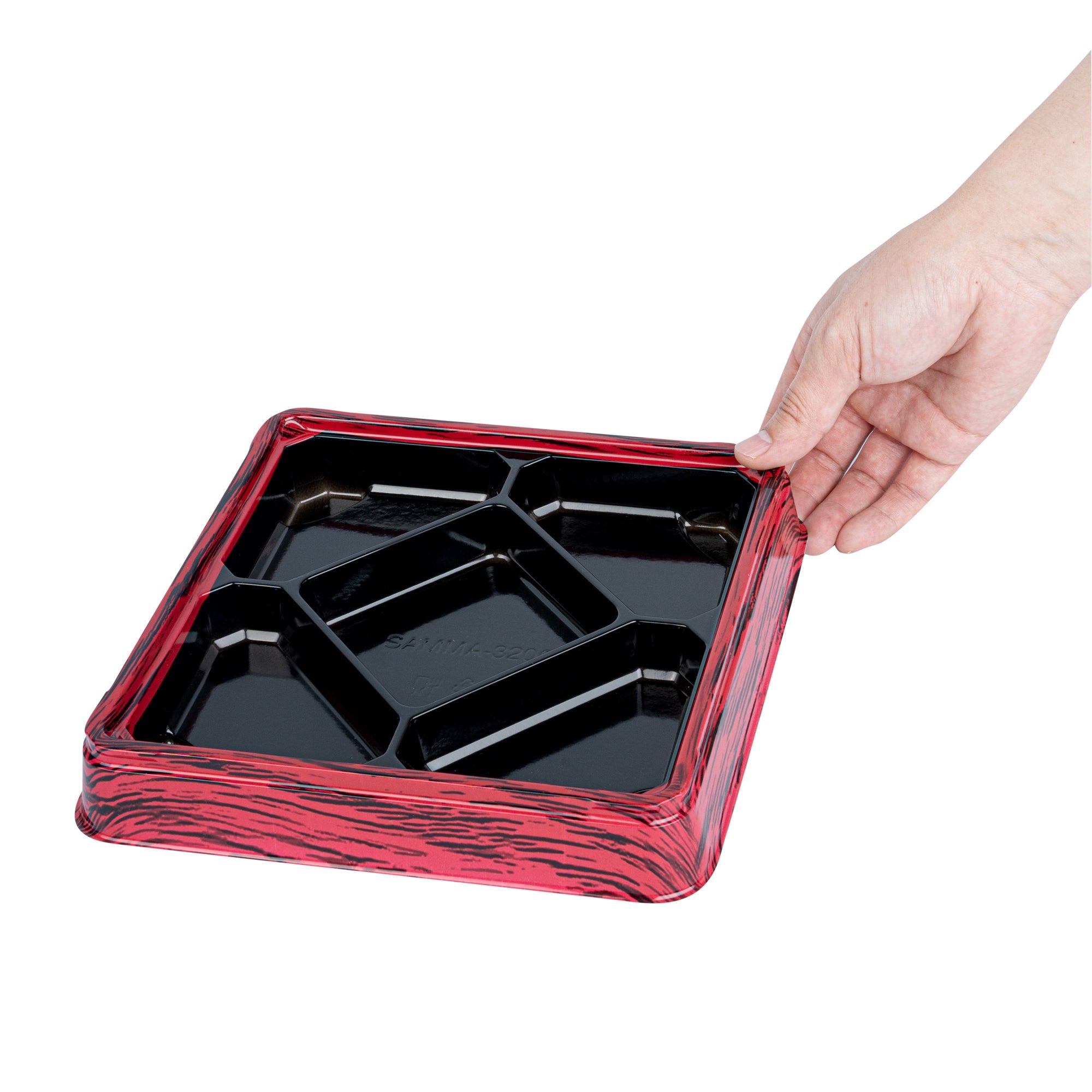 Bento Tek 19 oz Square Red and Black Plastic Bento Box - 5 Compartments - 8 1/2" x 8 1/2" x 1 1/4" - 100 count box