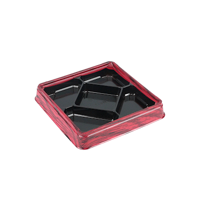Bento Tek 19 oz Square Red and Black Plastic Bento Box - 5 Compartments - 8 1/2" x 8 1/2" x 1 1/4" - 100 count box