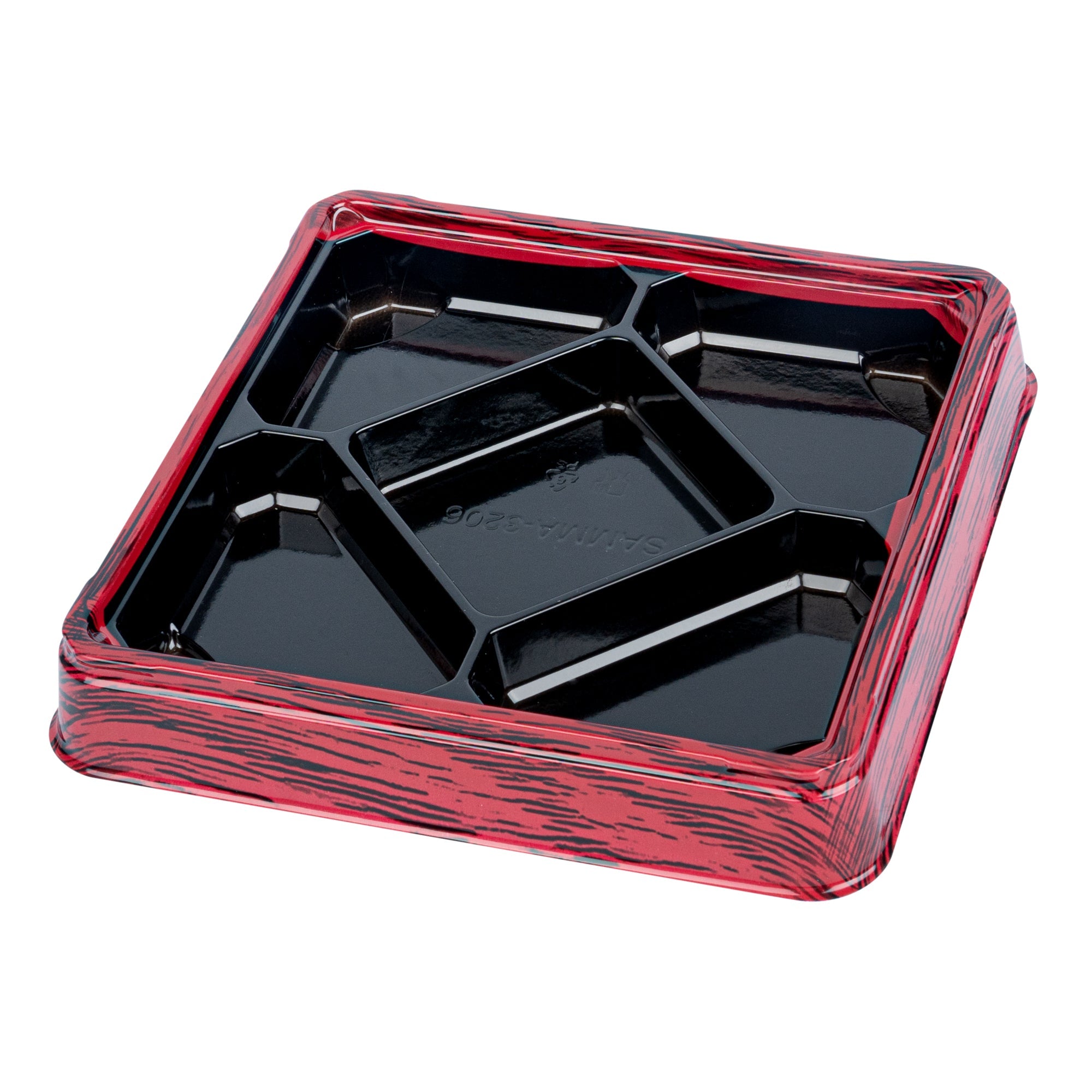 Bento Tek 19 oz Square Red and Black Plastic Bento Box - 5 Compartments - 8 1/2" x 8 1/2" x 1 1/4" - 100 count box