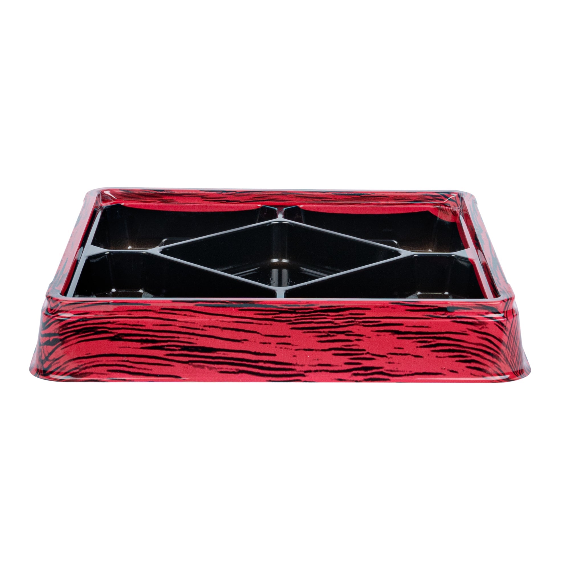 Bento Tek 19 oz Square Red and Black Plastic Bento Box - 5 Compartments - 8 1/2" x 8 1/2" x 1 1/4" - 100 count box