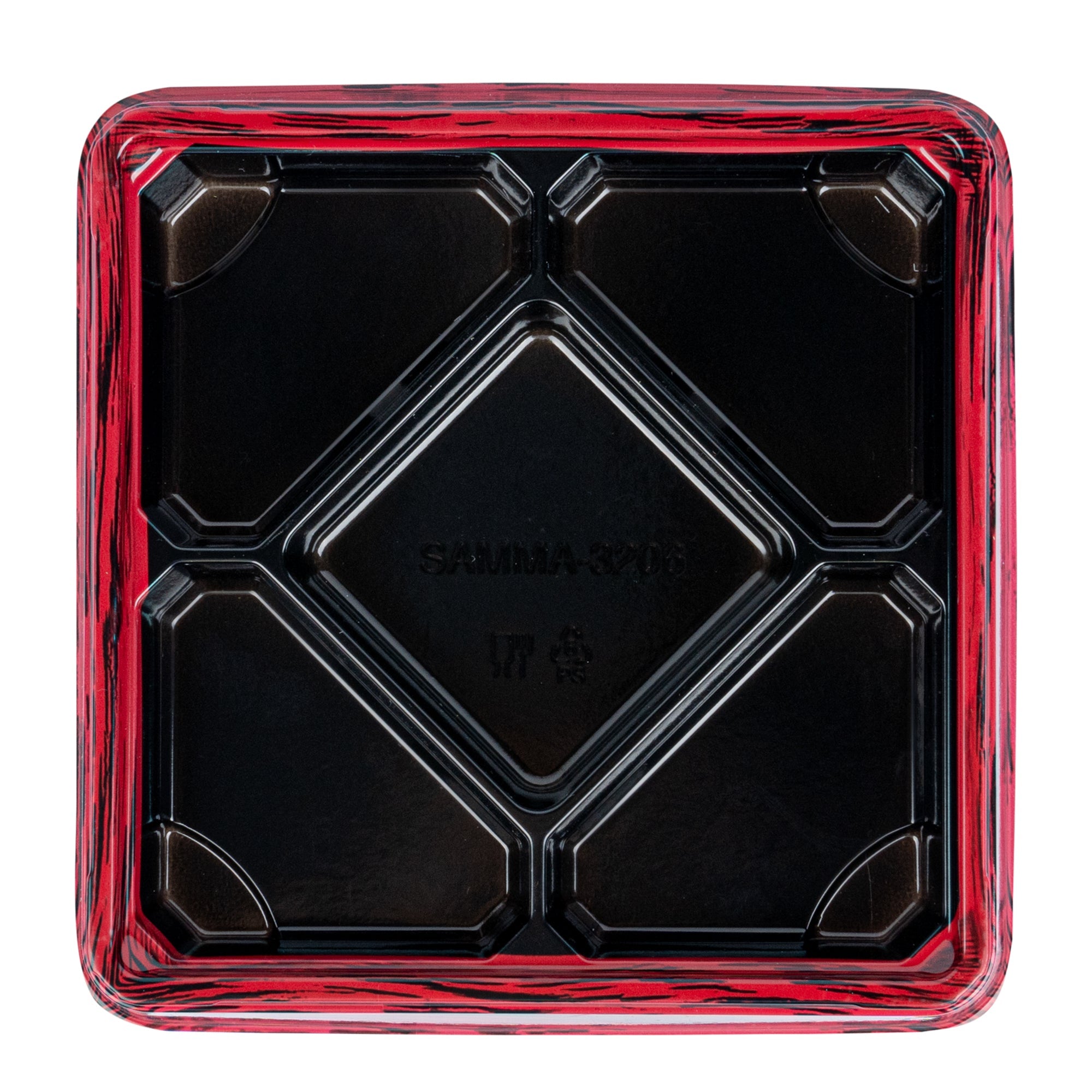 Bento Tek 19 oz Square Red and Black Plastic Bento Box - 5 Compartments - 8 1/2" x 8 1/2" x 1 1/4" - 100 count box