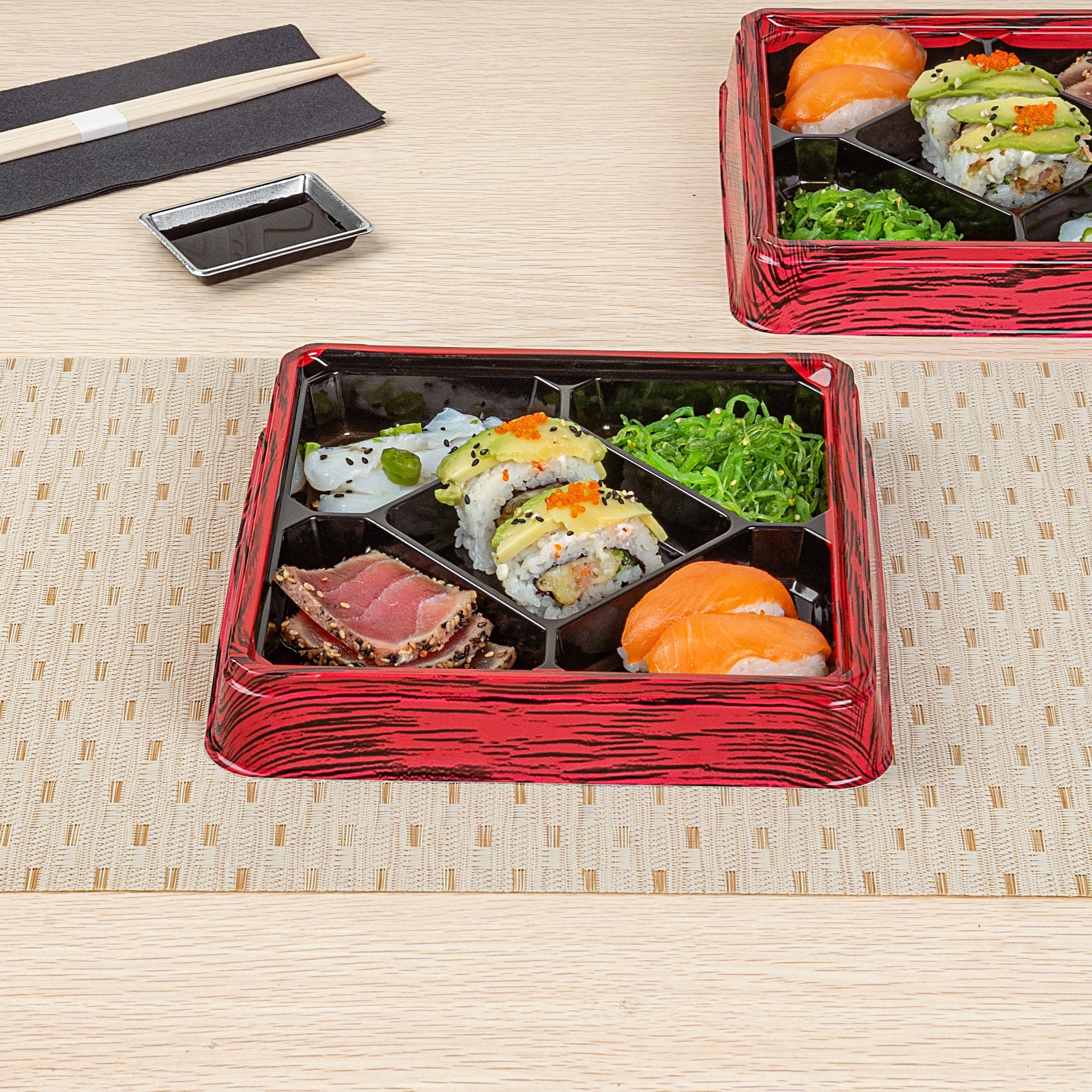 Bento Tek 19 oz Square Red and Black Plastic Bento Box - 5 Compartments - 8 1/2" x 8 1/2" x 1 1/4" - 100 count box