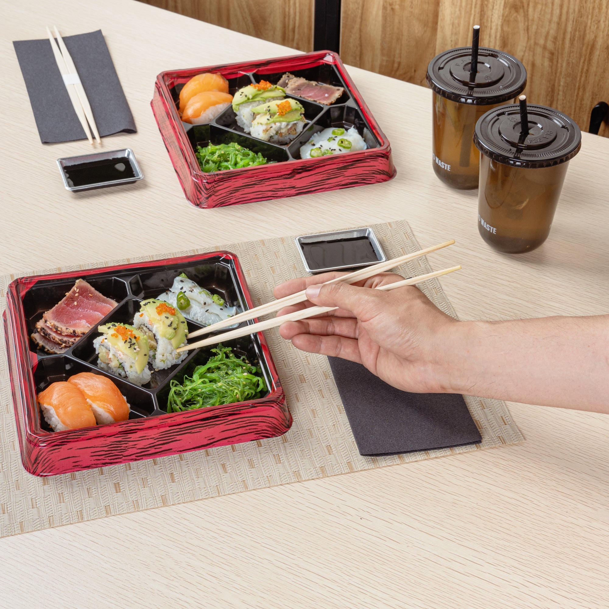 Bento Tek 19 oz Square Red and Black Plastic Bento Box - 5 Compartments - 8 1/2" x 8 1/2" x 1 1/4" - 100 count box