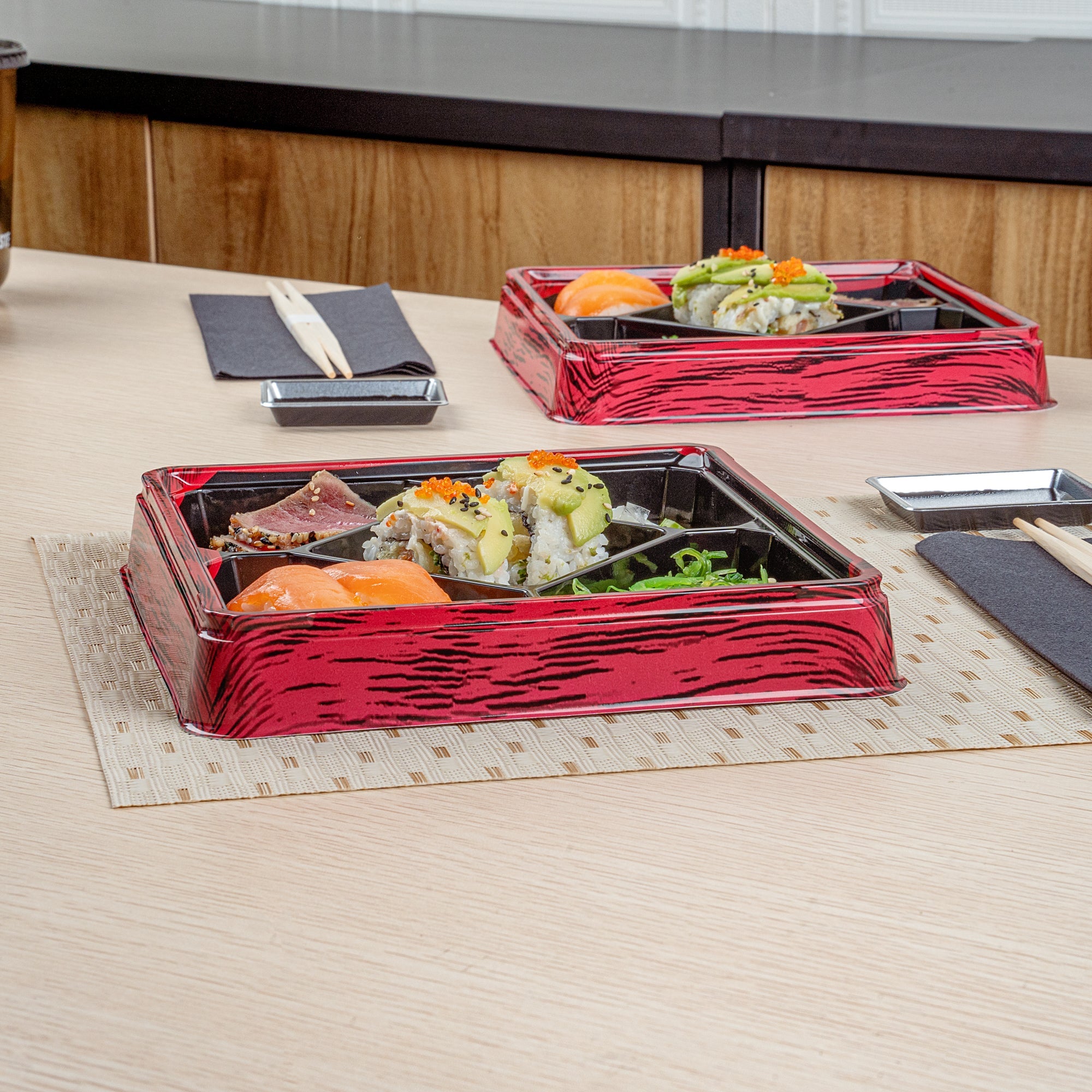 Bento Tek 19 oz Square Red and Black Plastic Bento Box - 5 Compartments - 8 1/2" x 8 1/2" x 1 1/4" - 100 count box