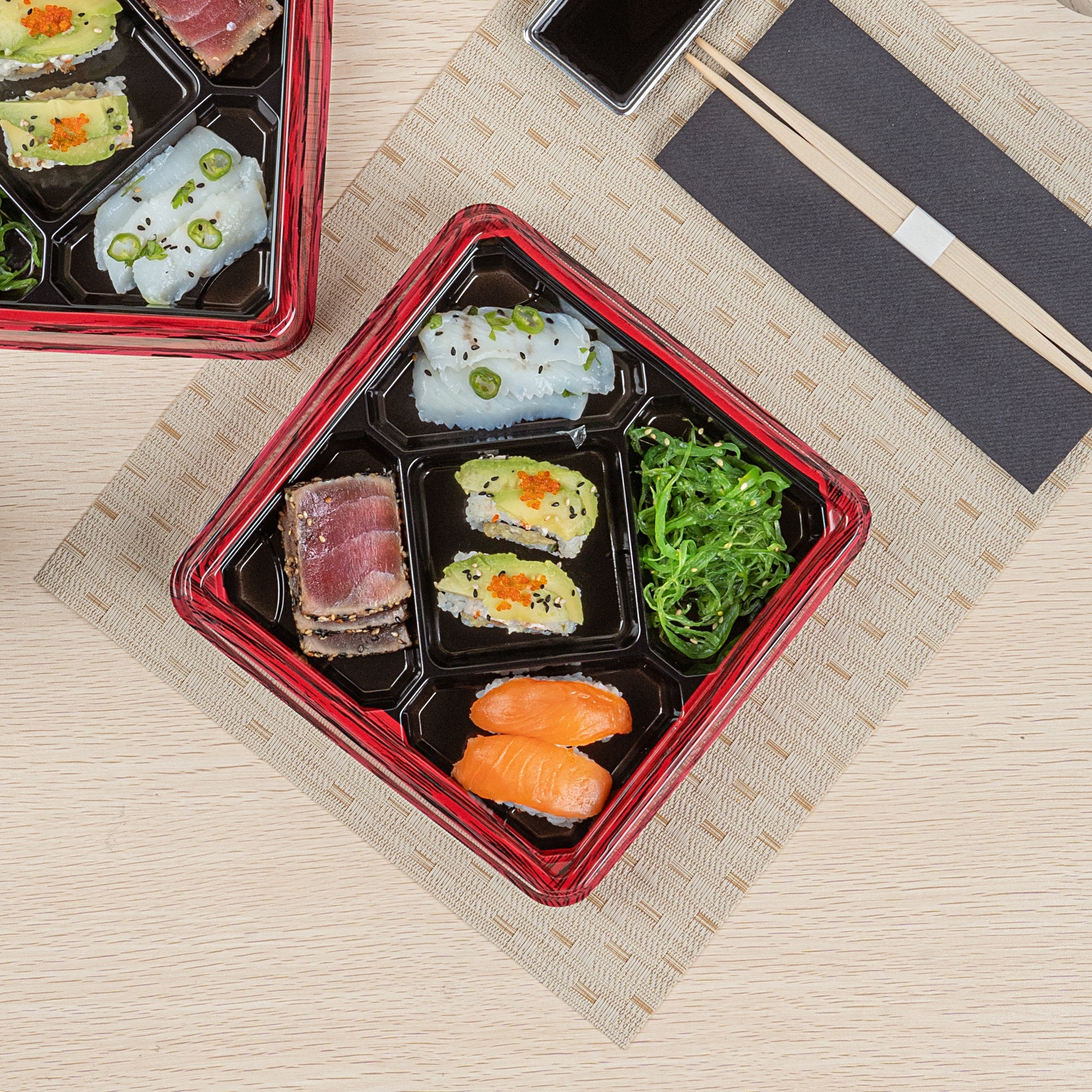 Bento Tek 19 oz Square Red and Black Plastic Bento Box - 5 Compartments - 8 1/2" x 8 1/2" x 1 1/4" - 100 count box