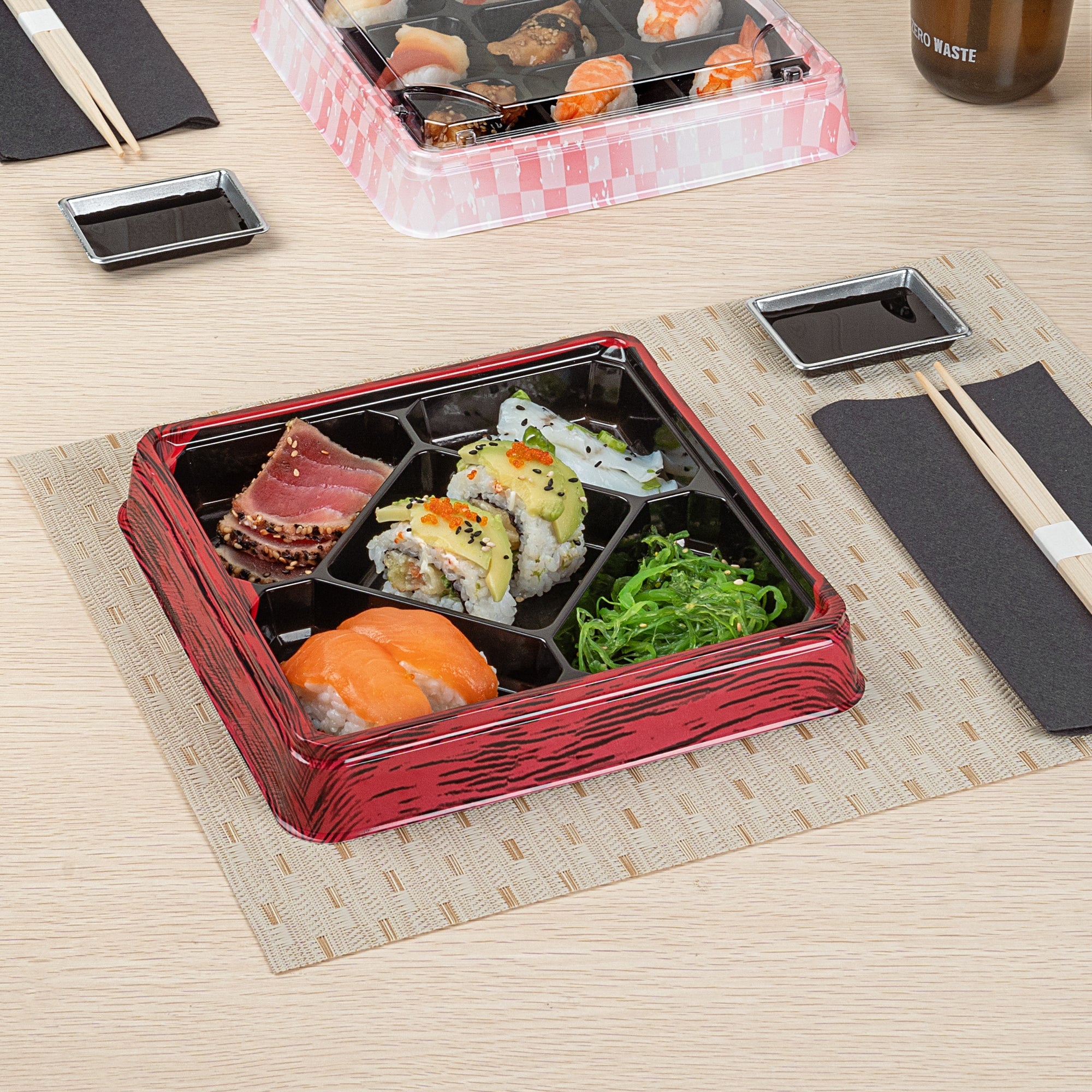 Bento Tek 19 oz Square Red and Black Plastic Bento Box - 5 Compartments - 8 1/2" x 8 1/2" x 1 1/4" - 100 count box