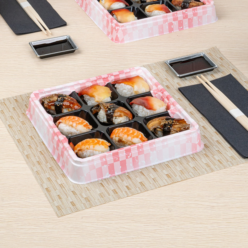 Bento Tek 17 oz Square Pink and Black Plastic Bento Box - 9 Compartments - 8 1/2" x 8 1/2" x 1 1/4" - 100 count box