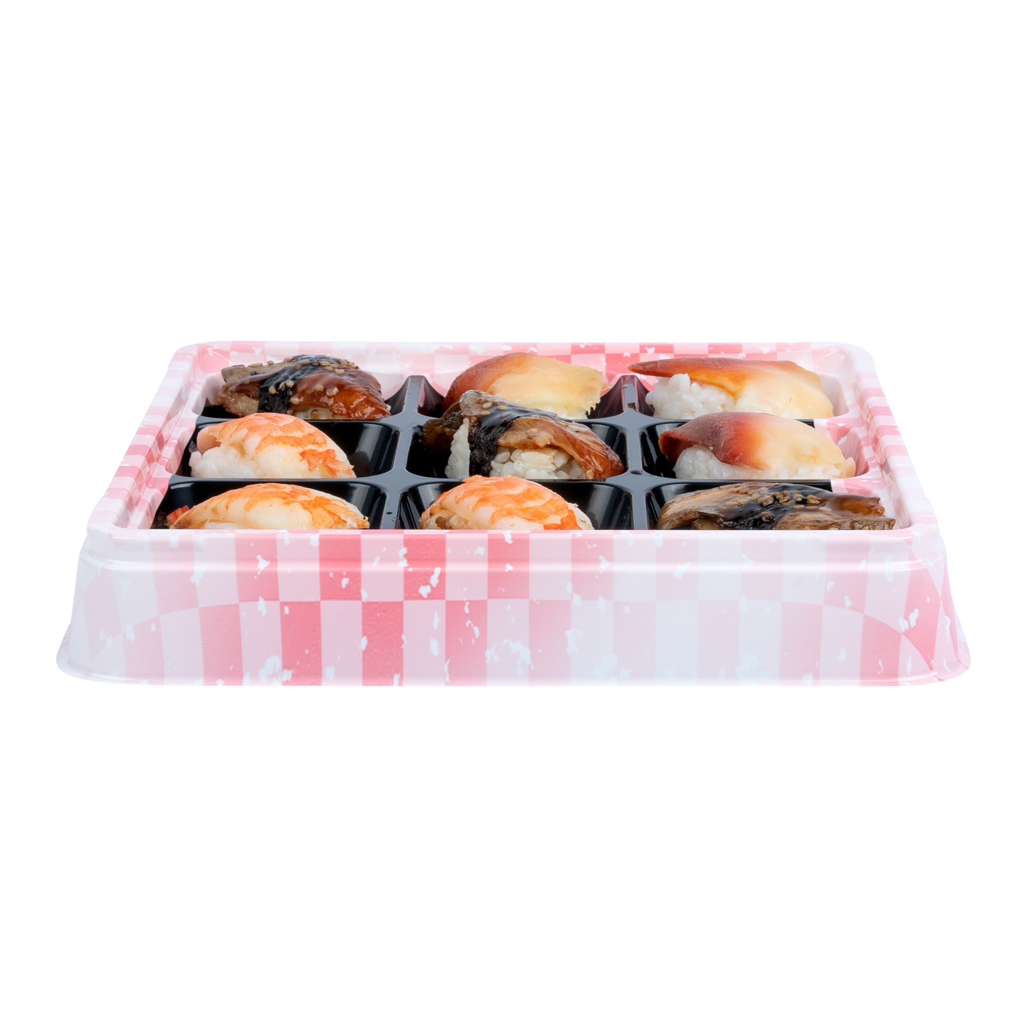 Bento Tek 17 oz Square Pink and Black Plastic Bento Box - 9 Compartments - 8 1/2" x 8 1/2" x 1 1/4" - 50 count box