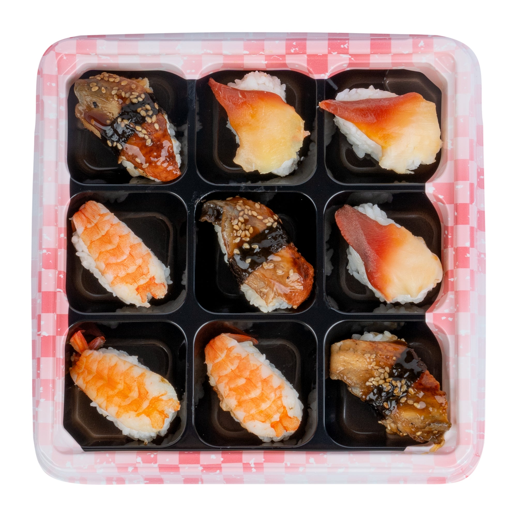 Bento Tek 17 oz Square Pink and Black Plastic Bento Box - 9 Compartments - 8 1/2" x 8 1/2" x 1 1/4" - 50 count box