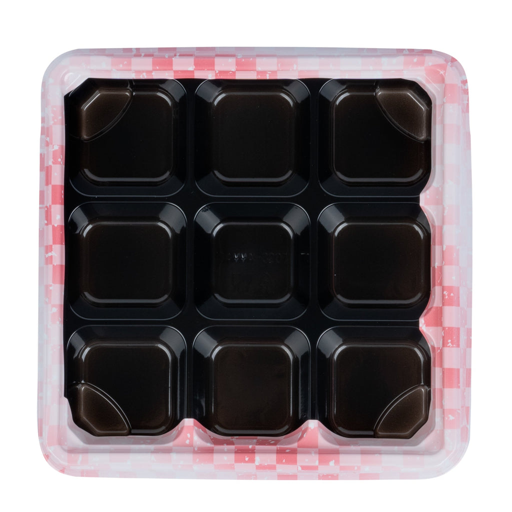 Bento Tek 17 oz Square Pink and Black Plastic Bento Box - 9 Compartments - 8 1/2" x 8 1/2" x 1 1/4" - 50 count box