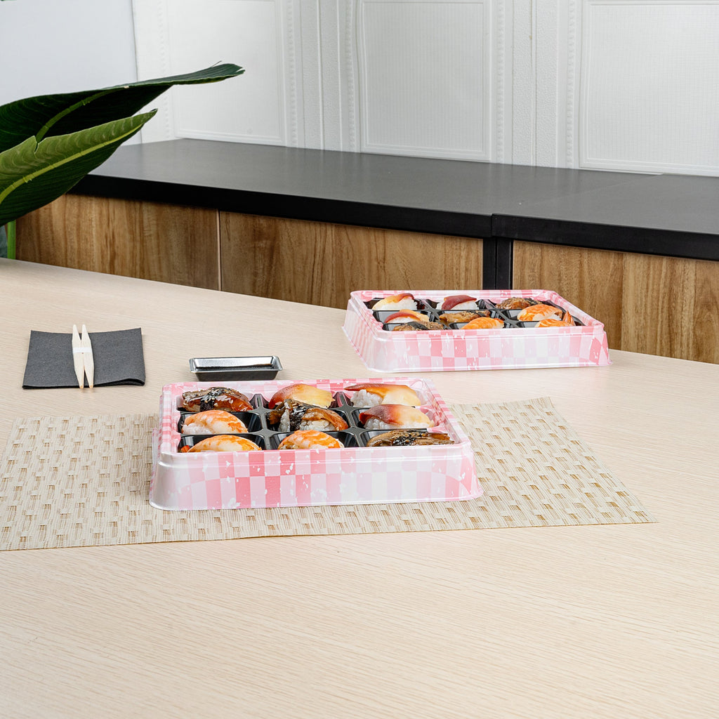 Bento Tek 17 oz Square Pink and Black Plastic Bento Box - 9 Compartments - 8 1/2" x 8 1/2" x 1 1/4" - 50 count box