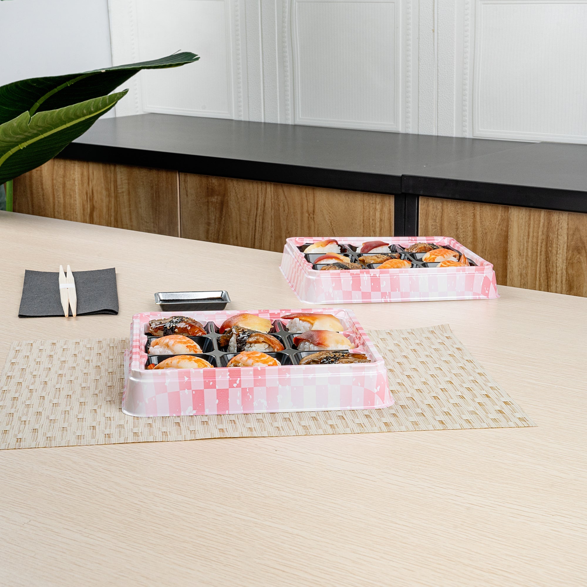 Bento Tek 17 oz Square Pink and Black Plastic Bento Box - 9 Compartments - 8 1/2" x 8 1/2" x 1 1/4" - 50 count box