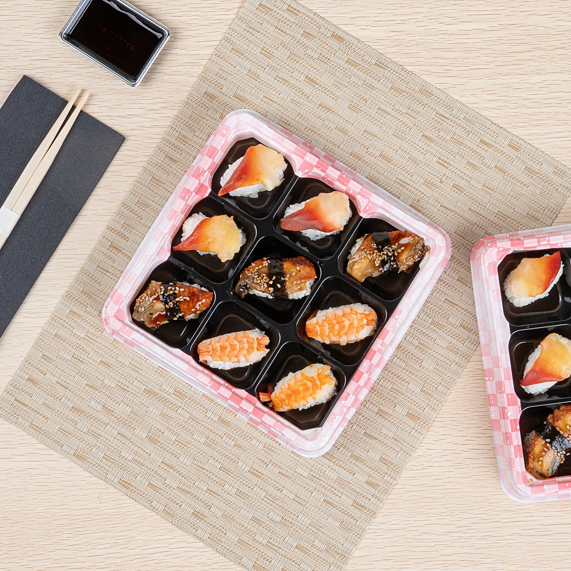 Bento Tek 17 oz Square Pink and Black Plastic Bento Box - 9 Compartments - 8 1/2" x 8 1/2" x 1 1/4" - 50 count box