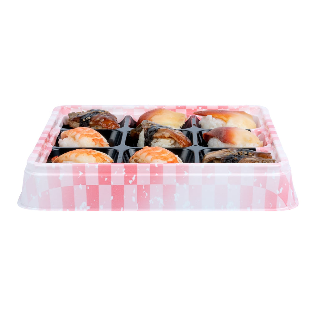 Bento Tek 17 oz Square Pink and Black Plastic Bento Box - 9 Compartments - 8 1/2" x 8 1/2" x 1 1/4" - 100 count box