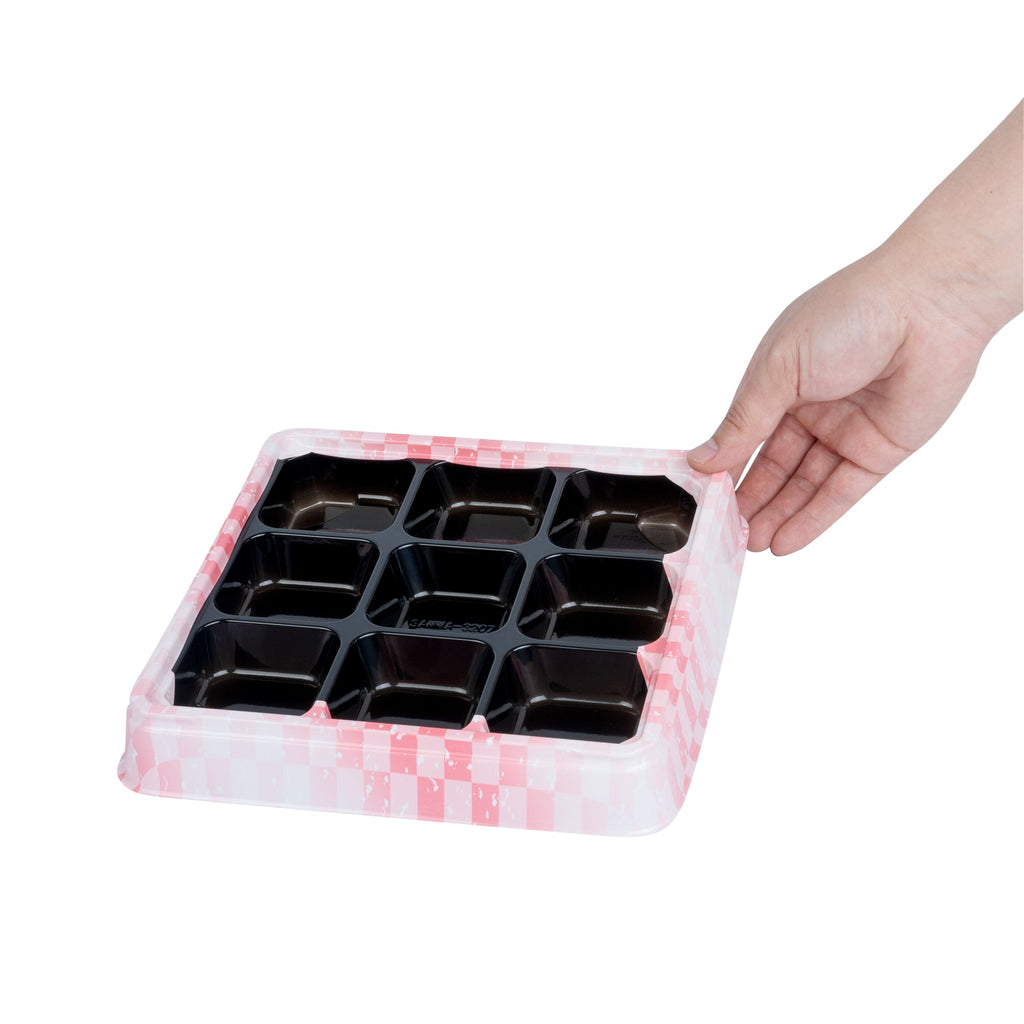 Bento Tek 17 oz Square Pink and Black Plastic Bento Box - 9 Compartments - 8 1/2" x 8 1/2" x 1 1/4" - 100 count box