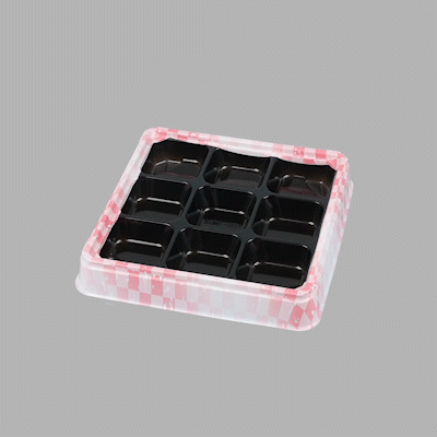 Bento Tek 17 oz Square Pink and Black Plastic Bento Box - 9 Compartments - 8 1/2" x 8 1/2" x 1 1/4" - 100 count box
