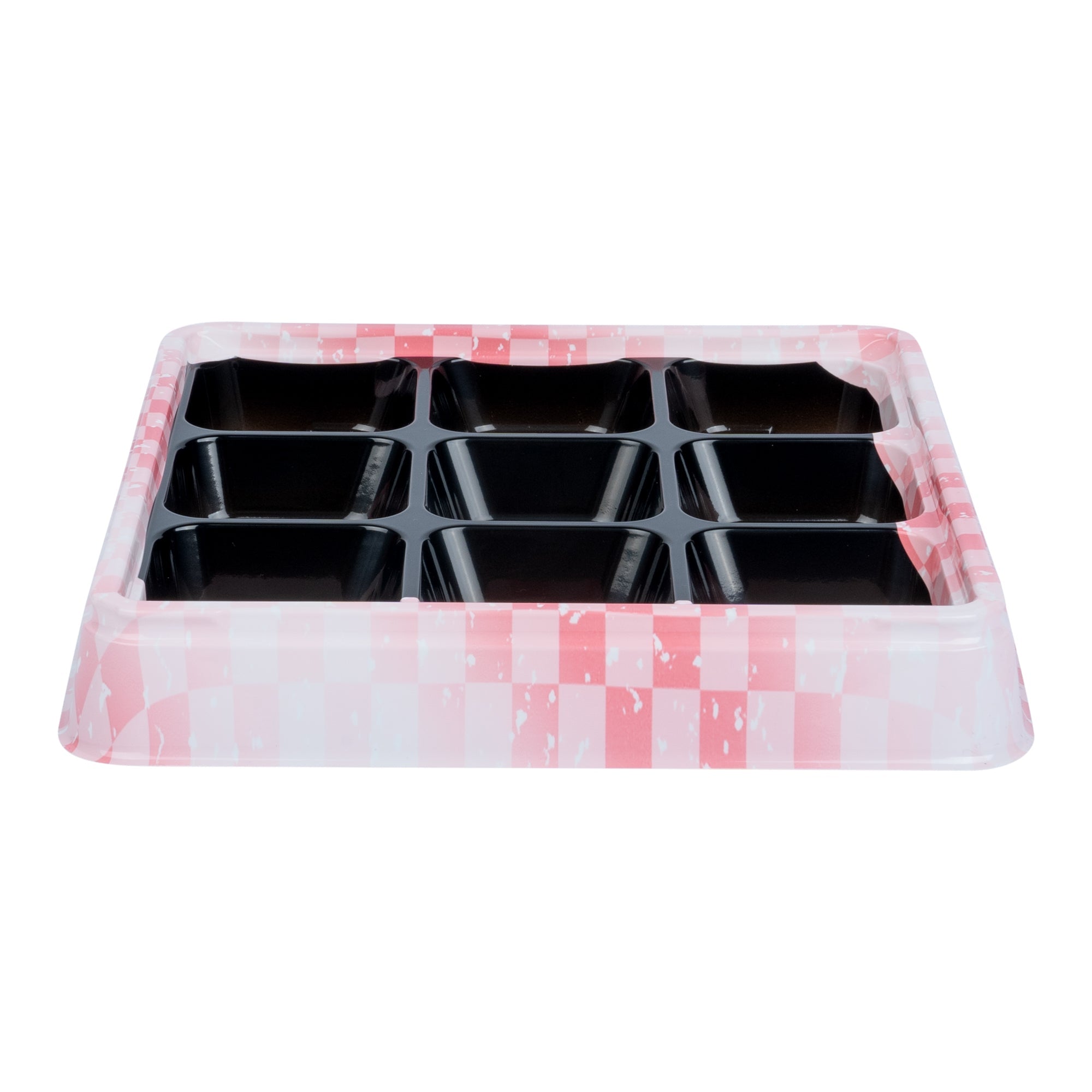Bento Tek 17 oz Square Pink and Black Plastic Bento Box - 9 Compartments - 8 1/2" x 8 1/2" x 1 1/4" - 100 count box