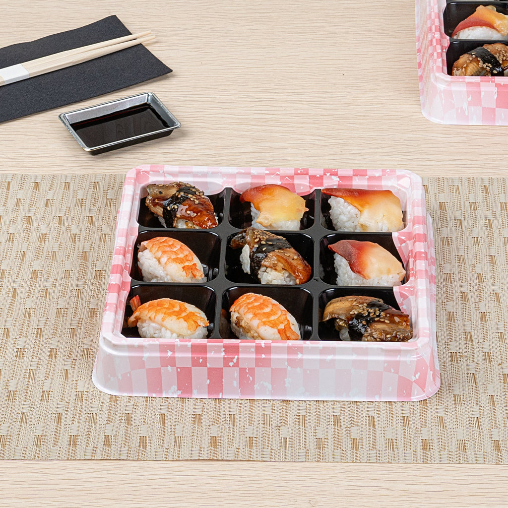 Bento Tek 17 oz Square Pink and Black Plastic Bento Box - 9 Compartments - 8 1/2" x 8 1/2" x 1 1/4" - 100 count box