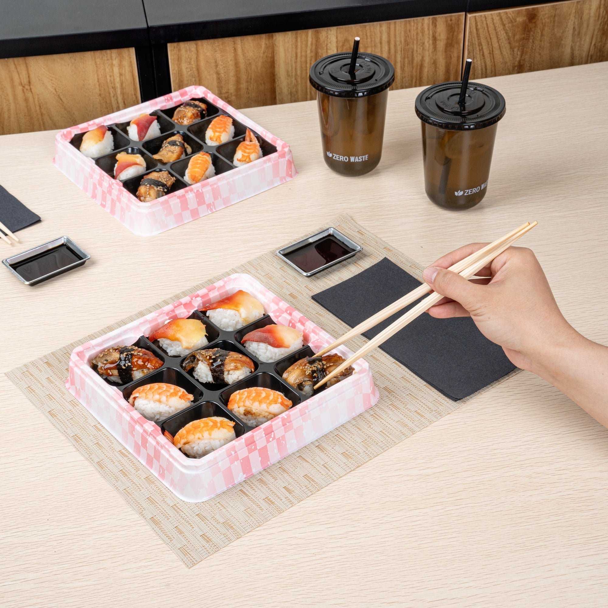 Bento Tek 17 oz Square Pink and Black Plastic Bento Box - 9 Compartments - 8 1/2" x 8 1/2" x 1 1/4" - 100 count box