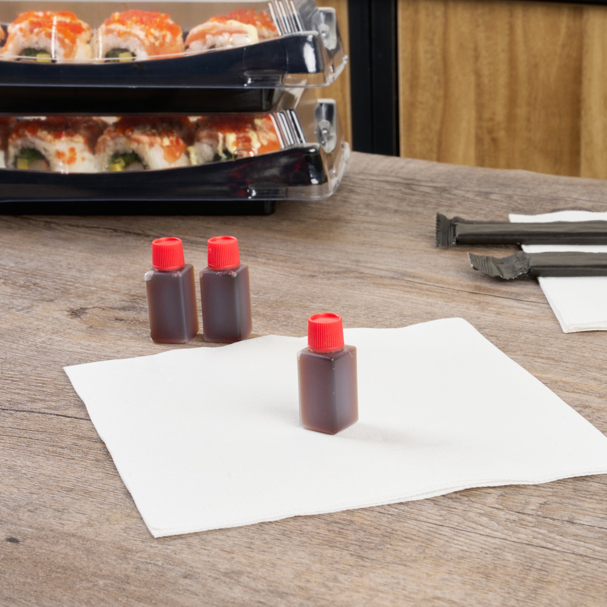 Bento Tek 6 mL Translucent Plastic Soy Sauce Bottle - with Red Cap - 1/2" x 1/2" x 1 3/4" - 100 count box