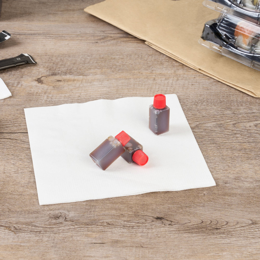 Bento Tek 6 mL Translucent Plastic Soy Sauce Bottle - with Red Cap - 1/2" x 1/2" x 1 3/4" - 100 count box