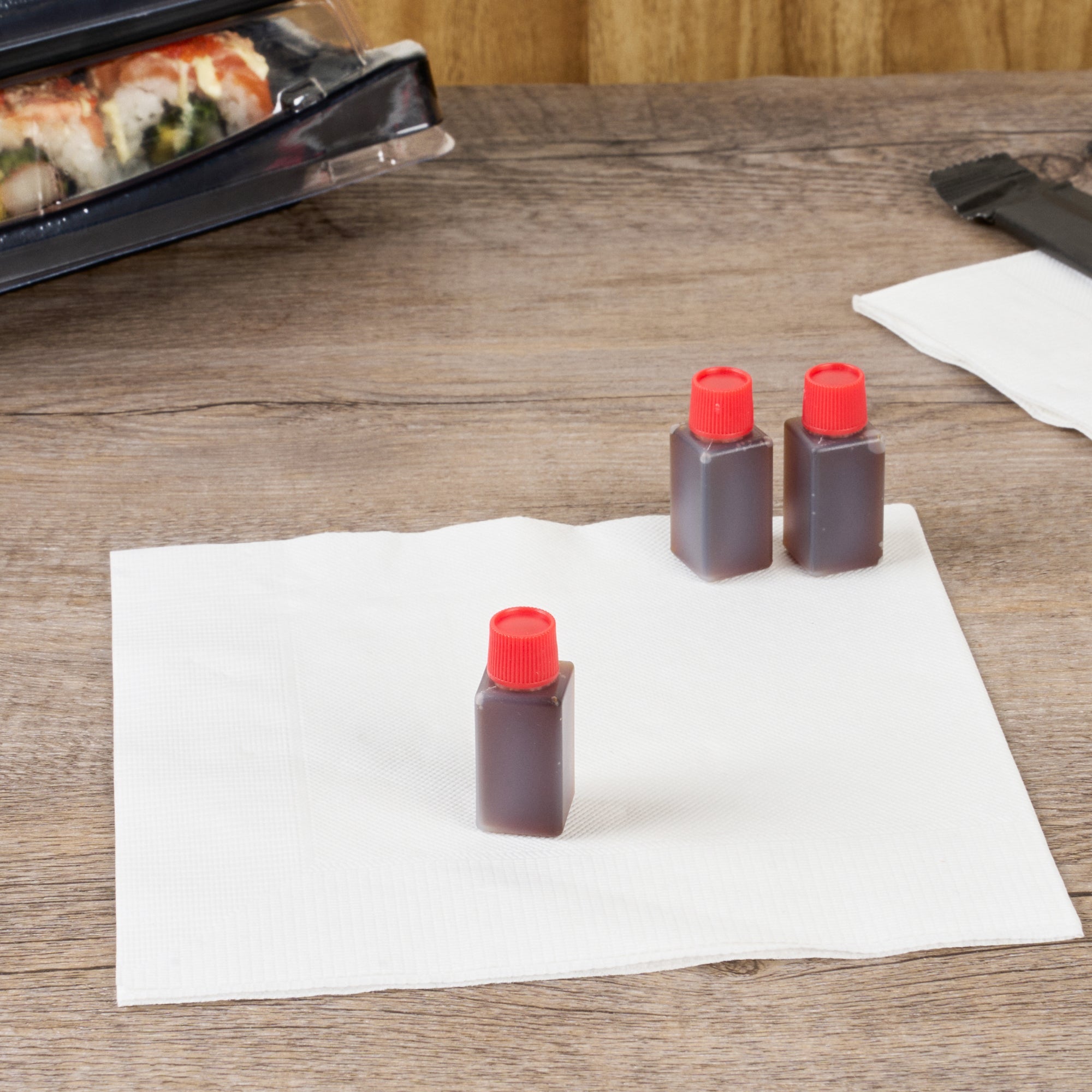 Bento Tek 6 mL Translucent Plastic Soy Sauce Bottle - with Red Cap - 1/2" x 1/2" x 1 3/4" - 1000 count box