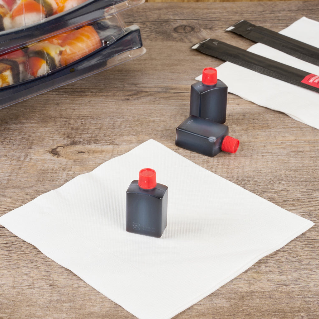 Bento Tek 15 mL Translucent Plastic Soy Sauce Bottle - with Red Cap - 1" x 3/4" x 2" - 100 count box