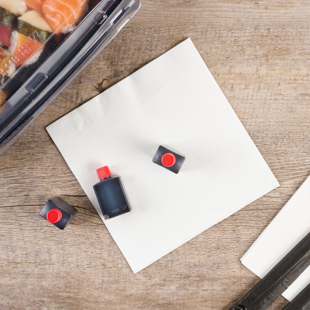 Bento Tek 15 mL Translucent Plastic Soy Sauce Bottle - with Red Cap - 1" x 3/4" x 2" - 100 count box