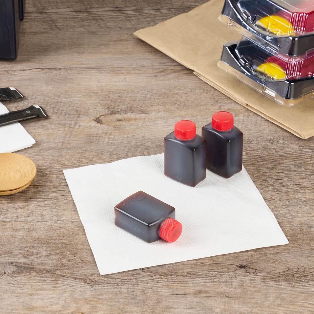 Bento Tek 1 oz Translucent Plastic Soy Sauce Bottle - with Red Cap - 1 1/2" x 3/4" x 2 1/4" - 100 count box