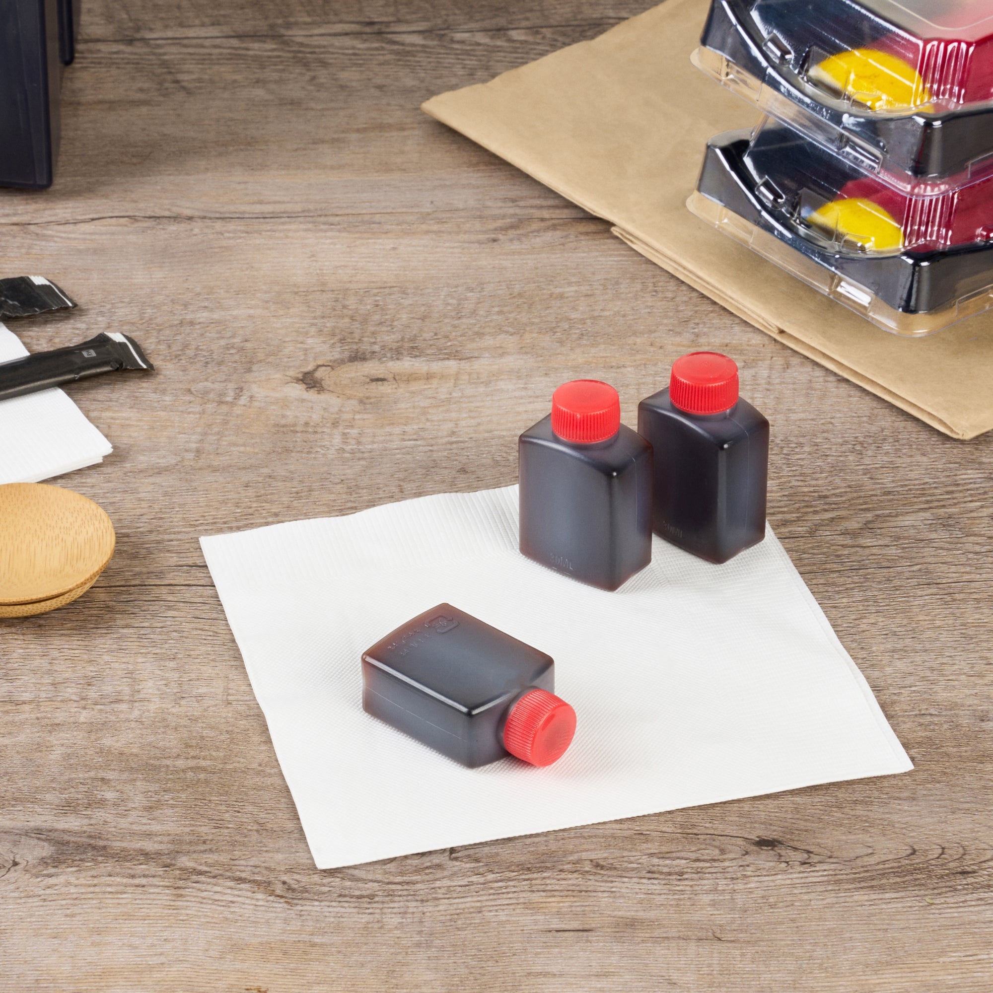 Bento Tek 1 oz Translucent Plastic Soy Sauce Bottle - with Red Cap - 1 1/2" x 3/4" x 2 1/4" - 100 count box