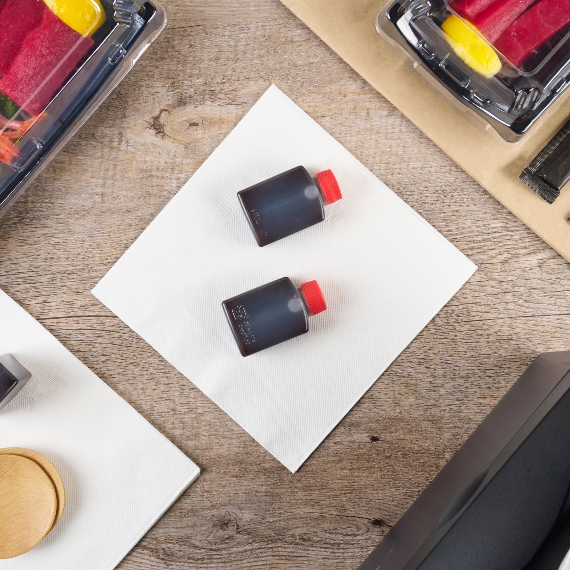 Bento Tek 1 oz Translucent Plastic Soy Sauce Bottle - with Red Cap - 1 1/2" x 3/4" x 2 1/4" - 100 count box