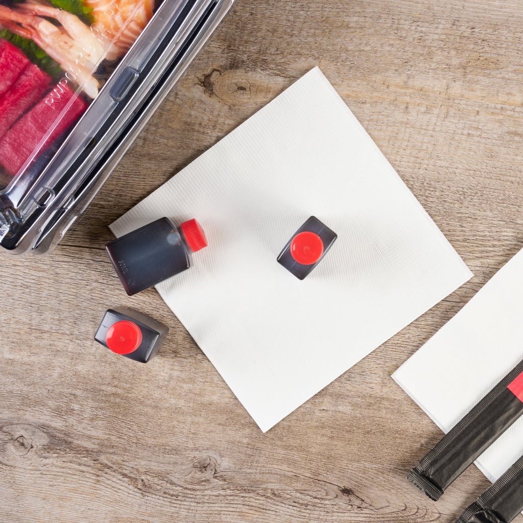 Bento Tek 1 oz Translucent Plastic Soy Sauce Bottle - with Red Cap - 1 1/2" x 3/4" x 2 1/4" - 100 count box