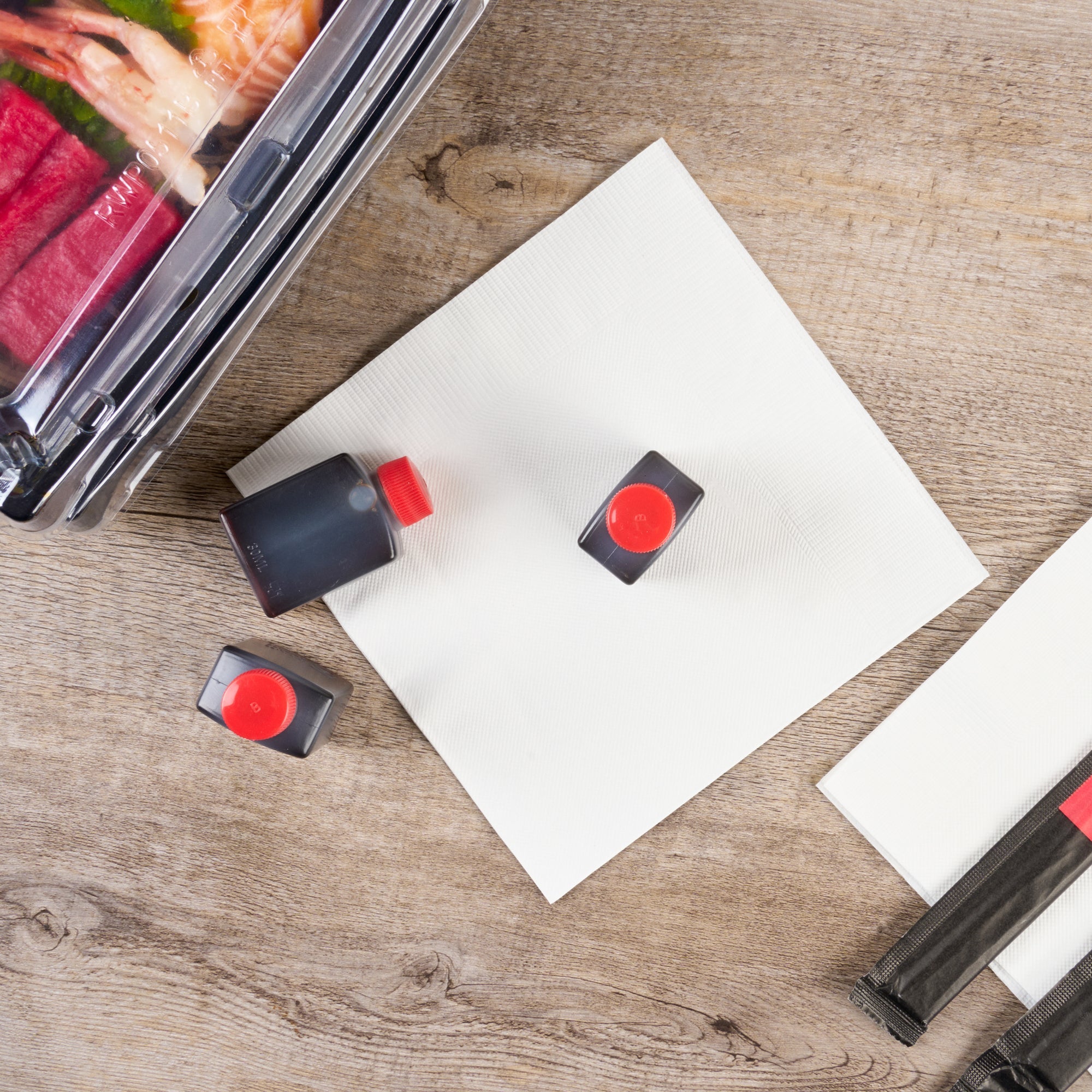 Bento Tek 1 oz Translucent Plastic Soy Sauce Bottle - with Red Cap - 1 1/2" x 3/4" x 2 1/4" - 100 count box