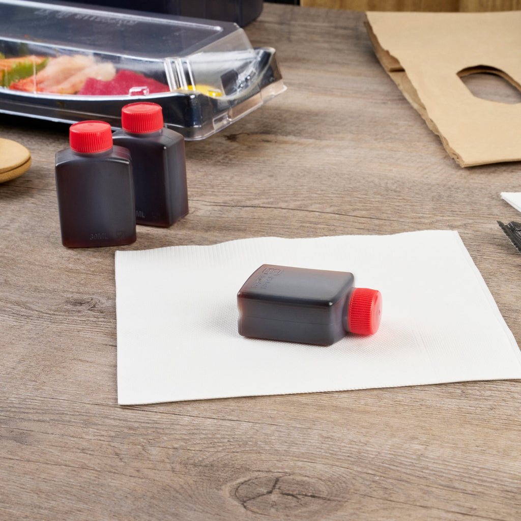 Bento Tek 1 oz Translucent Plastic Soy Sauce Bottle - with Red Cap - 1 1/2" x 3/4" x 2 1/4" - 1000 count box