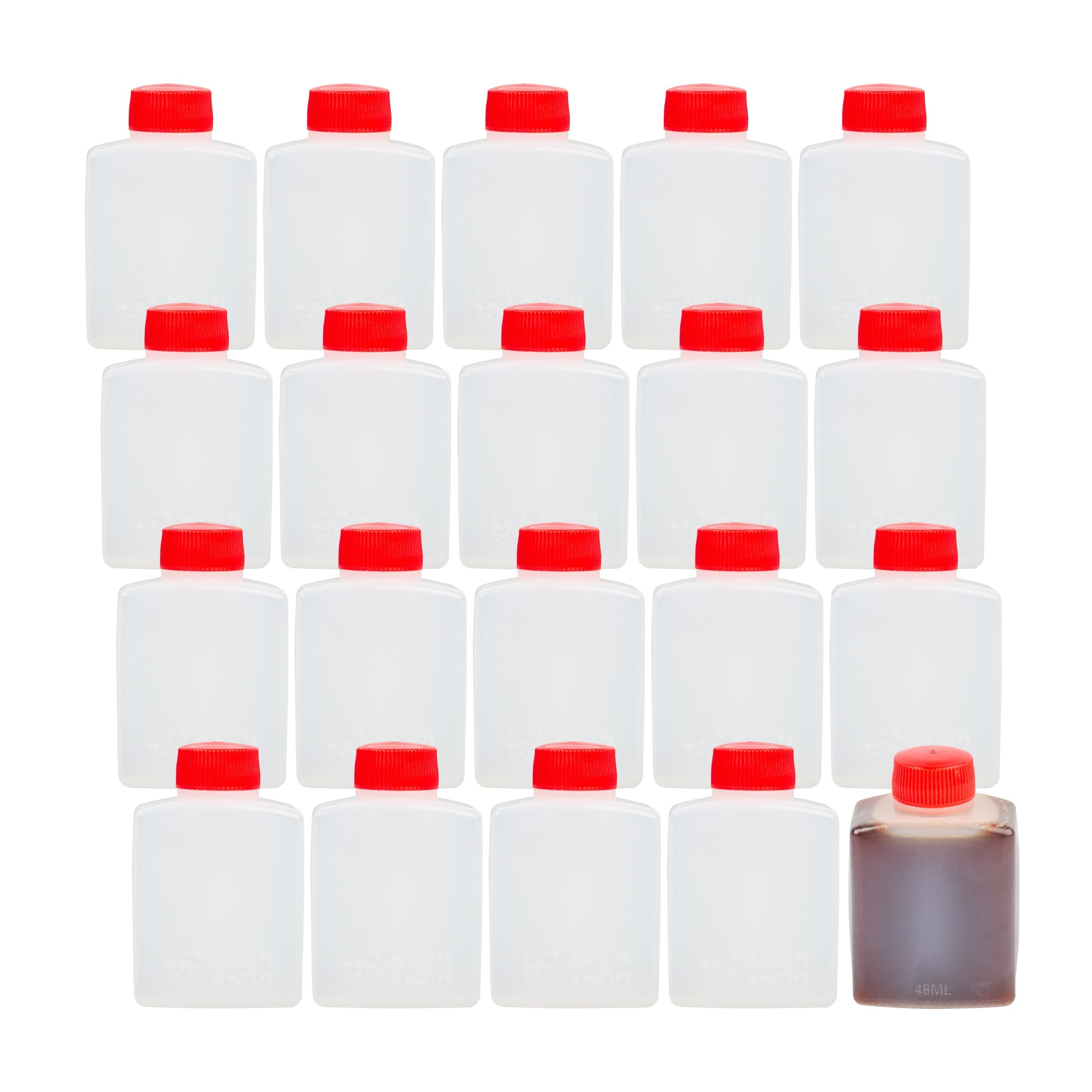 Bento Tek 2 oz Translucent Plastic Soy Sauce Bottle - with Red Cap - 1 1/2" x 1" x 2 1/2" - 100 count box