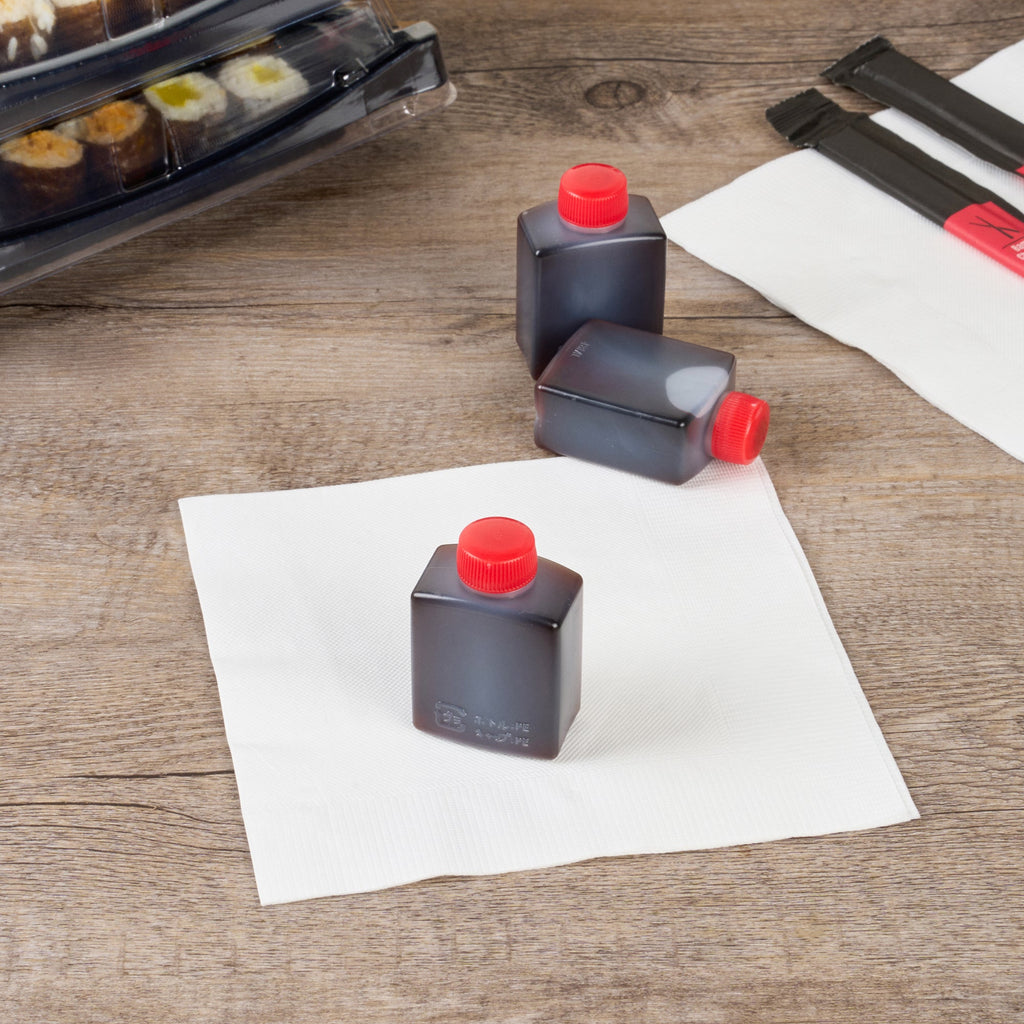 Bento Tek 2 oz Translucent Plastic Soy Sauce Bottle - with Red Cap - 1 1/2" x 1" x 2 1/2" - 100 count box