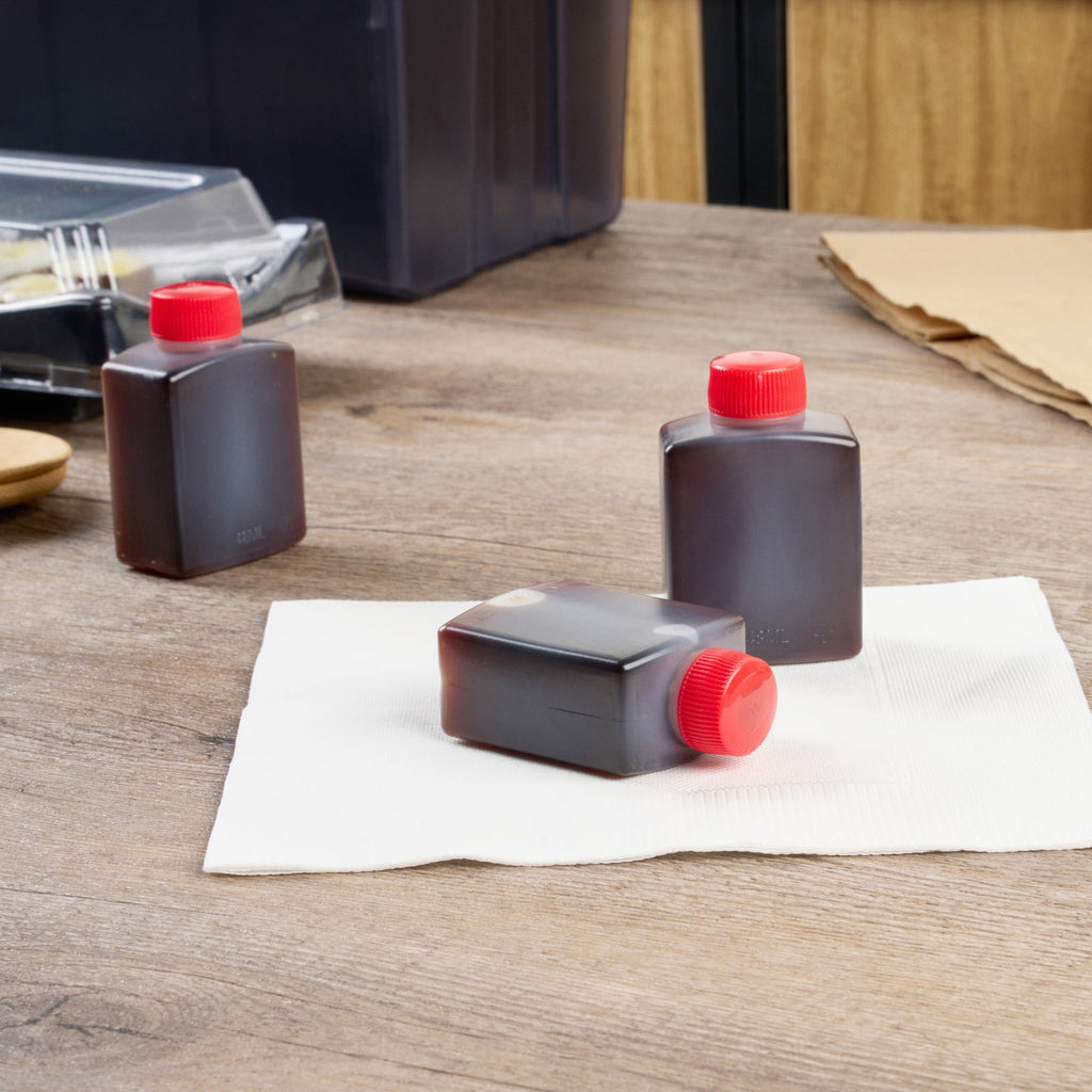 Bento Tek 2 oz Translucent Plastic Soy Sauce Bottle - with Red Cap - 1 1/2" x 1" x 2 1/2" - 1000 count box