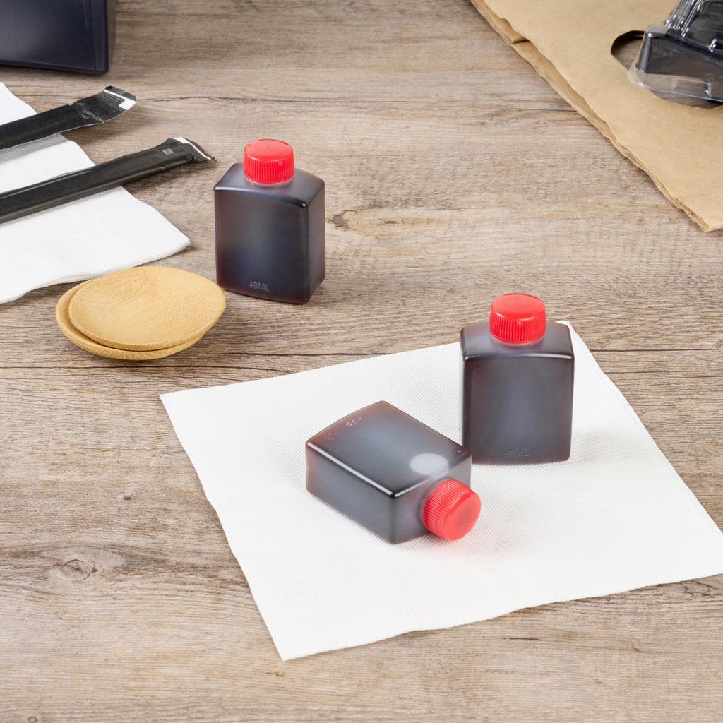 Bento Tek 2 oz Translucent Plastic Soy Sauce Bottle - with Red Cap - 1 1/2" x 1" x 2 1/2" - 1000 count box