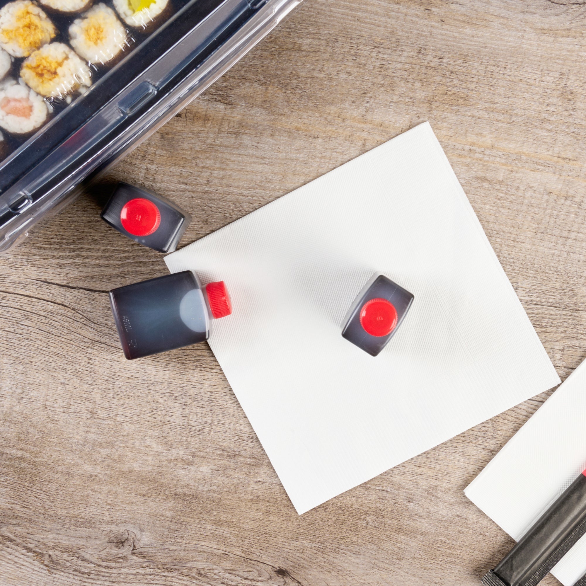 Bento Tek 2 oz Translucent Plastic Soy Sauce Bottle - with Red Cap - 1 1/2" x 1" x 2 1/2" - 1000 count box