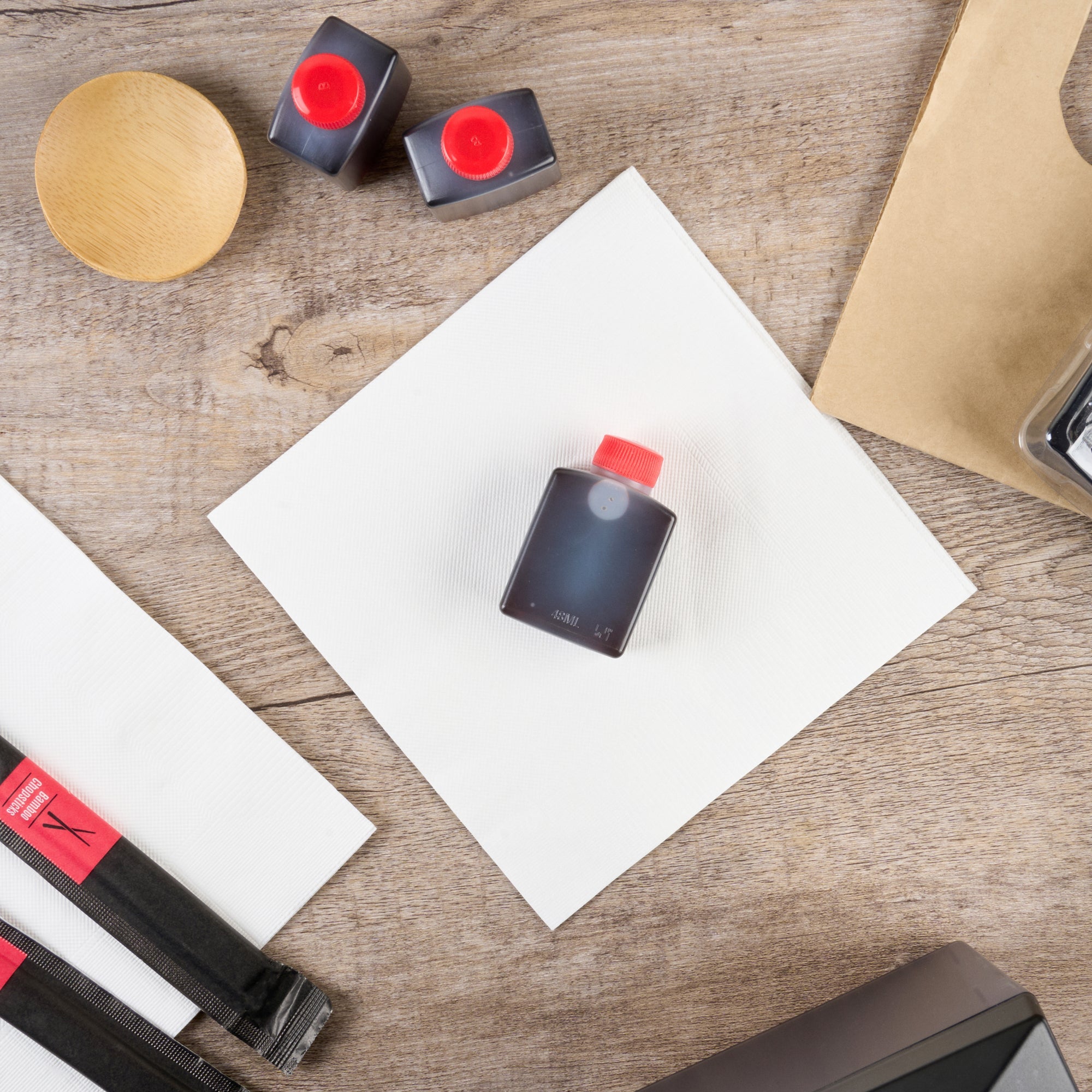 Bento Tek 2 oz Translucent Plastic Soy Sauce Bottle - with Red Cap - 1 1/2" x 1" x 2 1/2" - 1000 count box