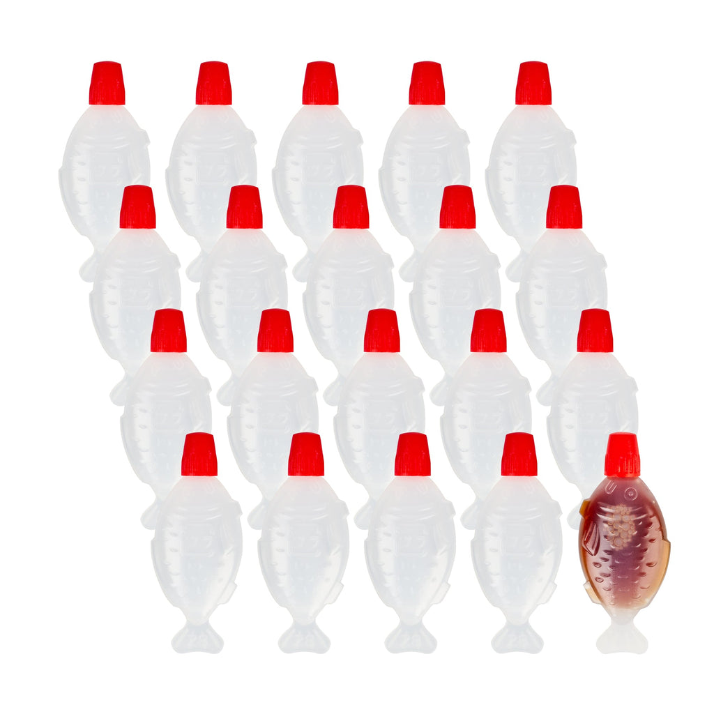Bento Tek 3 mL Translucent Plastic Fish Soy Sauce Bottle - with Red Cap - 2 1/4" x 1/2" x 1" - 1000 count box