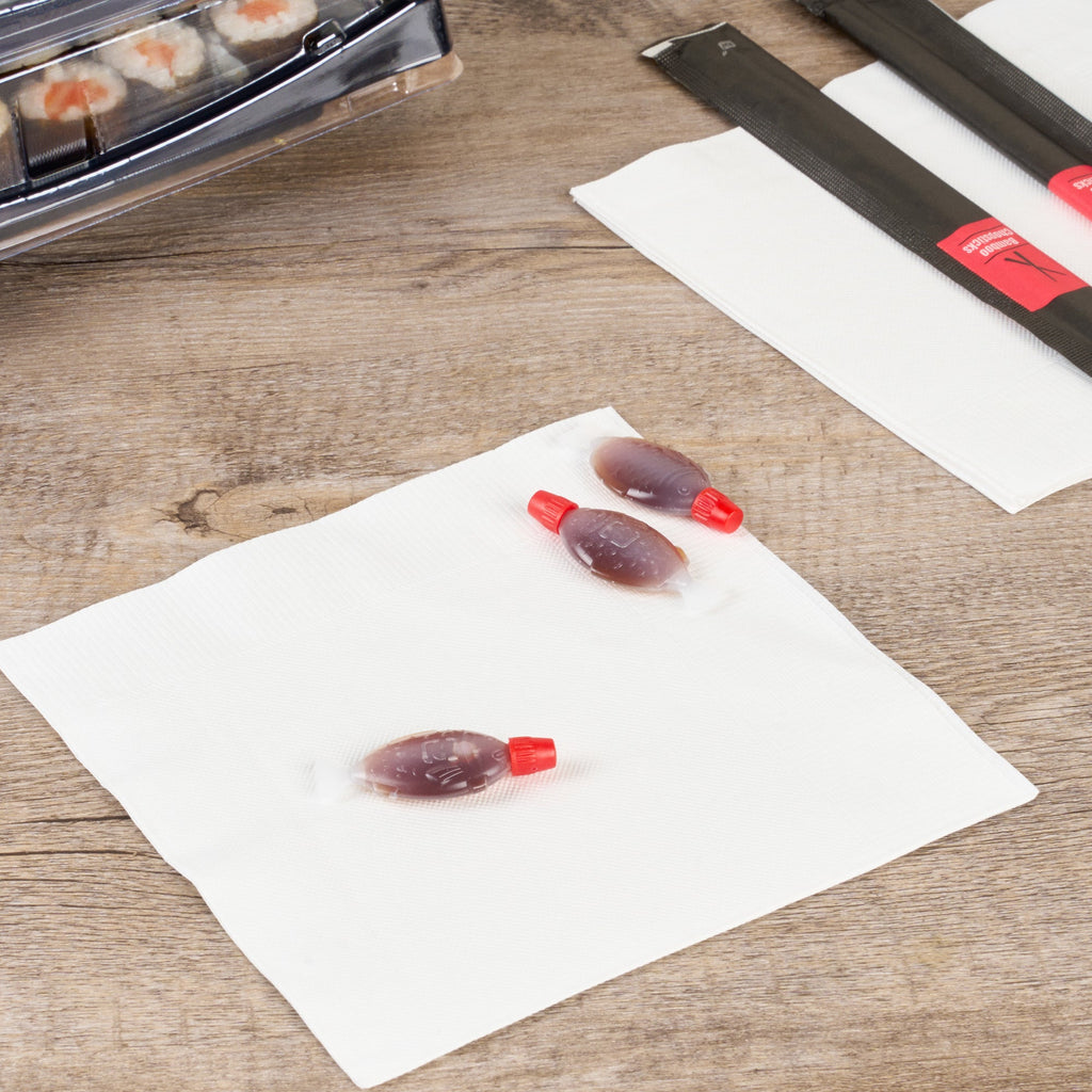 Bento Tek 3 mL Translucent Plastic Fish Soy Sauce Bottle - with Red Cap - 2 1/4" x 1/2" x 1" - 1000 count box