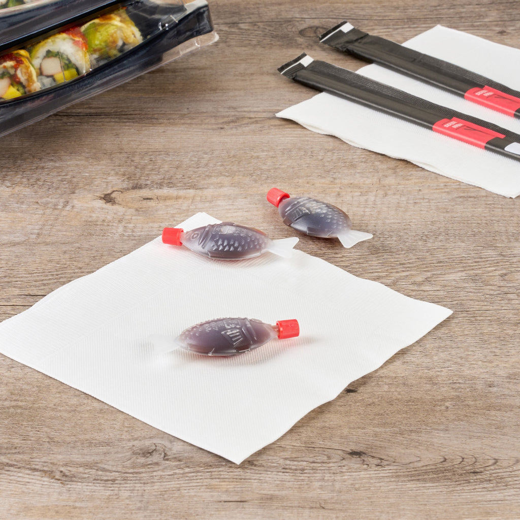 Bento Tek 8 mL Translucent Plastic Fish Soy Sauce Bottle - with Red Cap - 3" x 1/2" x 1 1/4" - 100 count box
