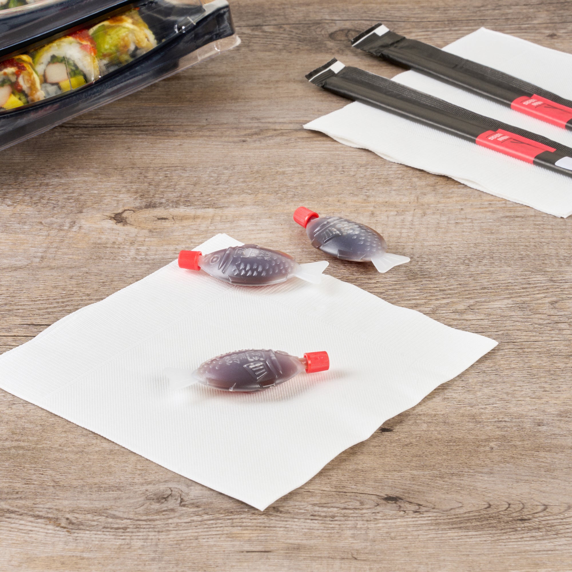 Bento Tek 8 mL Translucent Plastic Fish Soy Sauce Bottle - with Red Cap - 3" x 1/2" x 1 1/4" - 1000 count box