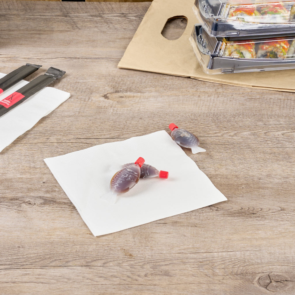 Bento Tek 8 mL Translucent Plastic Fish Soy Sauce Bottle - with Red Cap - 3" x 1/2" x 1 1/4" - 1000 count box