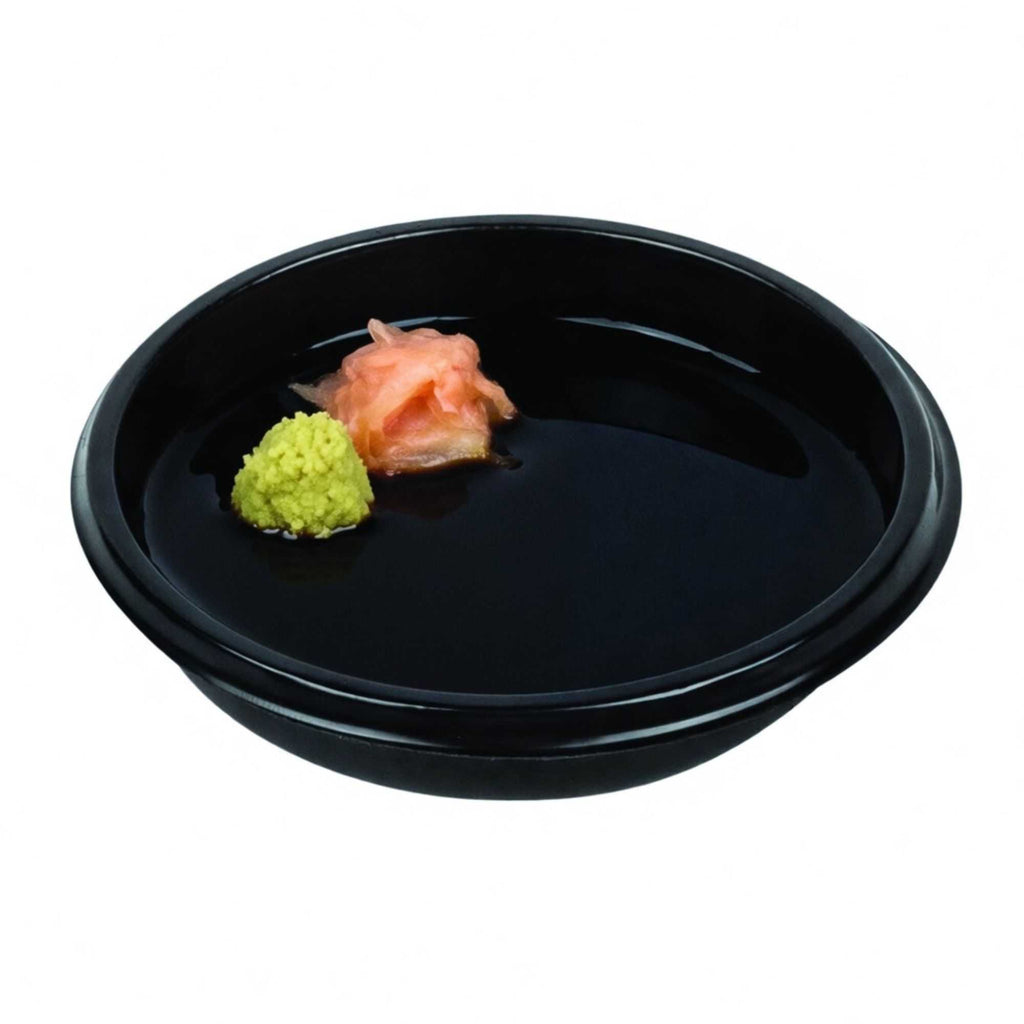 Bento Tek 2 oz Round Black Plastic Sauce Dish - 3" x 3" x 3/4" - 100 count box